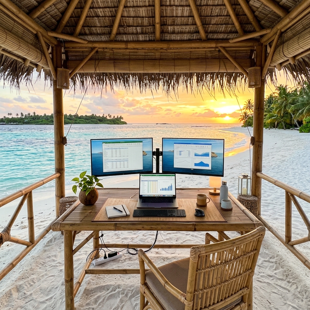Stunning beachside outdoor office setup with bamboo desk, modern laptop and dual monitors under a thatched roof cabana, crystal clear turquoise water in background, tropical island paradise, professional workspace on the beach, golden sunset, no people, vivid saturated colors